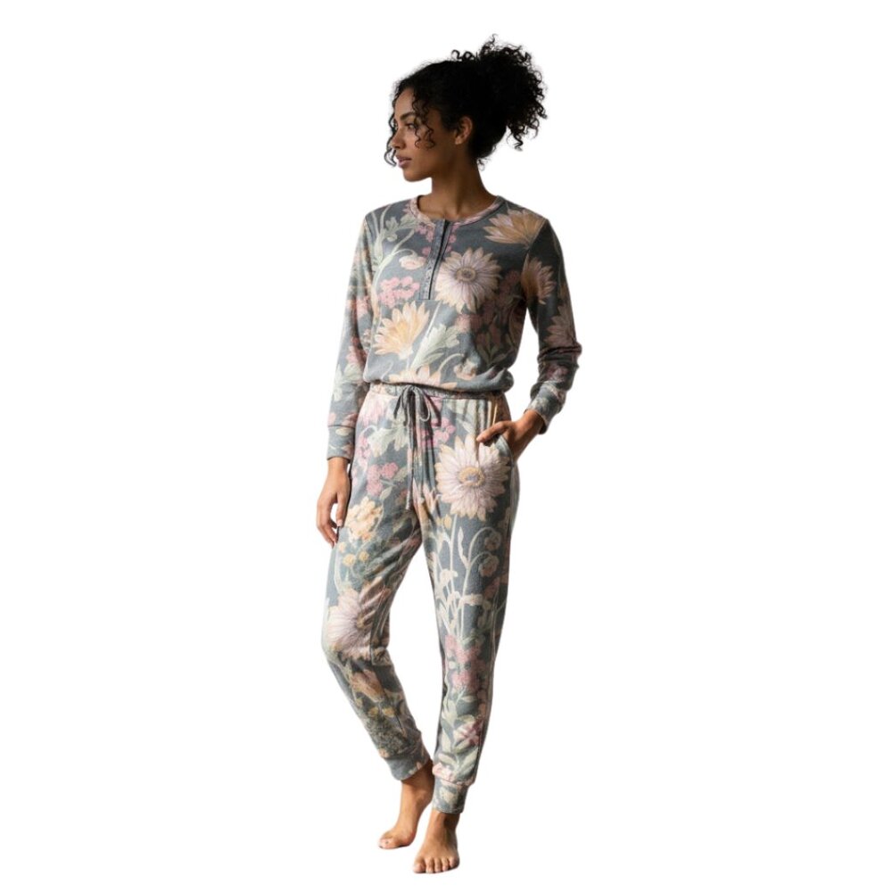 Chasor Women’s‎ Floral Jumpsuit Gray Soft Loungewear Boho Drawstring – Size S